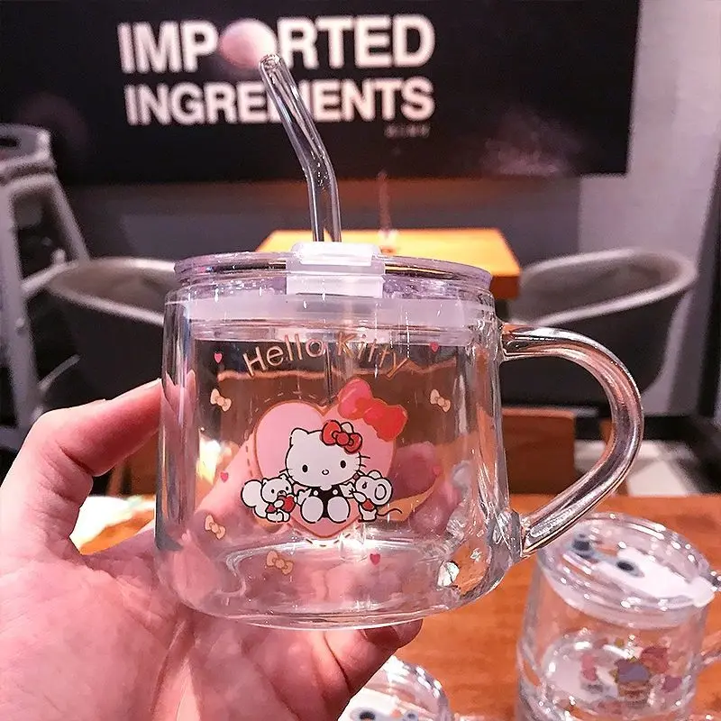 Cartoon Anime Sanrio Hello Kitty Kuromi My Melody Glass Sippy Cup with Lid Children's Milk Cup Girls Coffee Breakfast Cup Gift