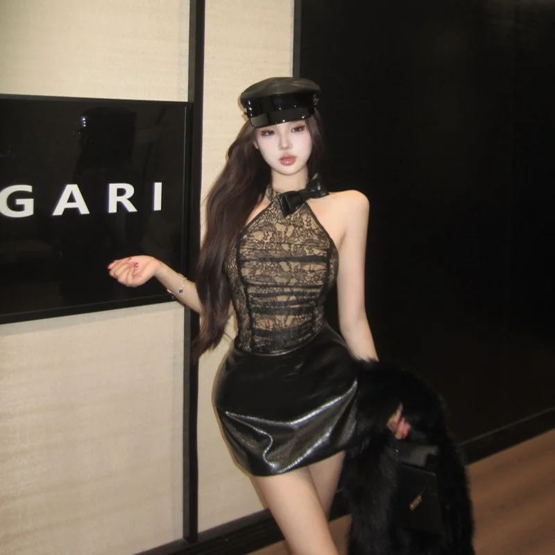 

Sexy Lace Splice Leather Skirt Dr Women's Ne Hanging Dr High Waist ort Skirt Tight Fit Autumn Winter New Sle