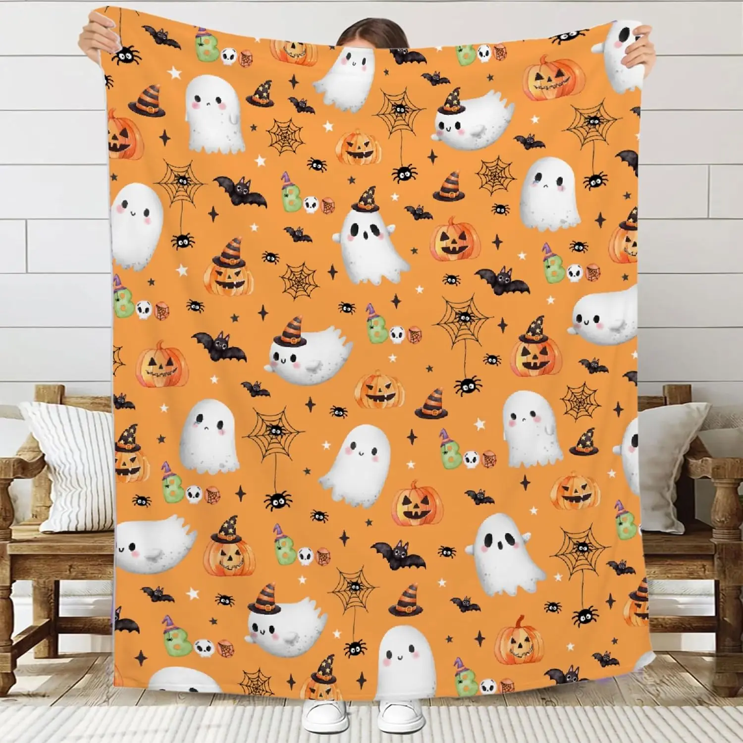 Halloween Decor Throw Blanket - Super Soft Flannel Pumpkin Blanket for Boys & Girls, Cute Ghost Design, Perfect for Couch, Sofa, Bed & Living Rooms - 30