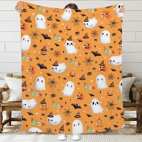 Halloween Decor Throw Blanket - Super Soft Flannel Pumpkin Blanket for Boys & Girls, Cute Ghost Design, Perfect for Couch, Sofa, Bed & Living Rooms - 30"x40" - Toddlers/Pets Size