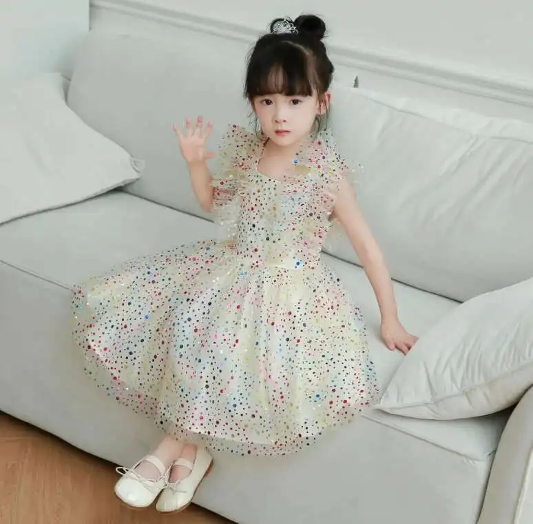 

New Baby Summer Girls Sparkle Dot Mesh Dress , Princess Kids Sweet Dresses 3-7T