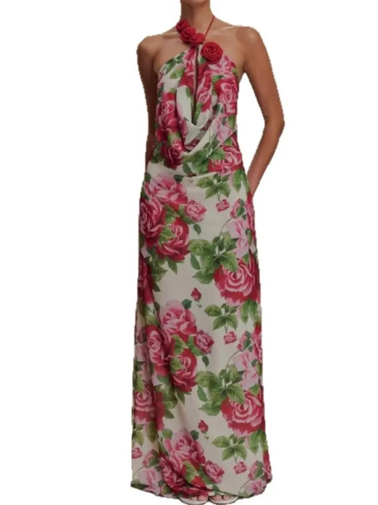 Rose Print Halter Neck Women Long Dresses Sexy Beach Vacation Backless Dress Summer Hollow Out Sleeveless Slim Party Vestidos