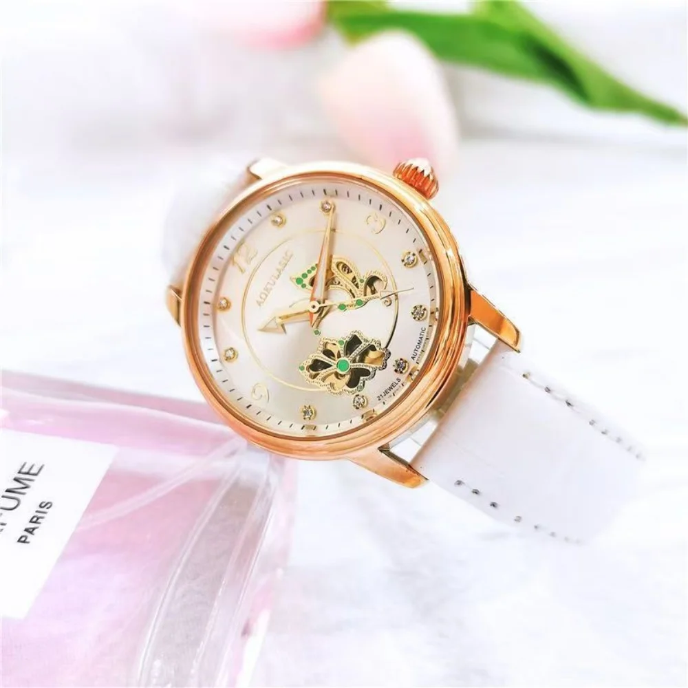 Elegant Women's Fully Automatic Skeleton Watch with Diamond Inlays