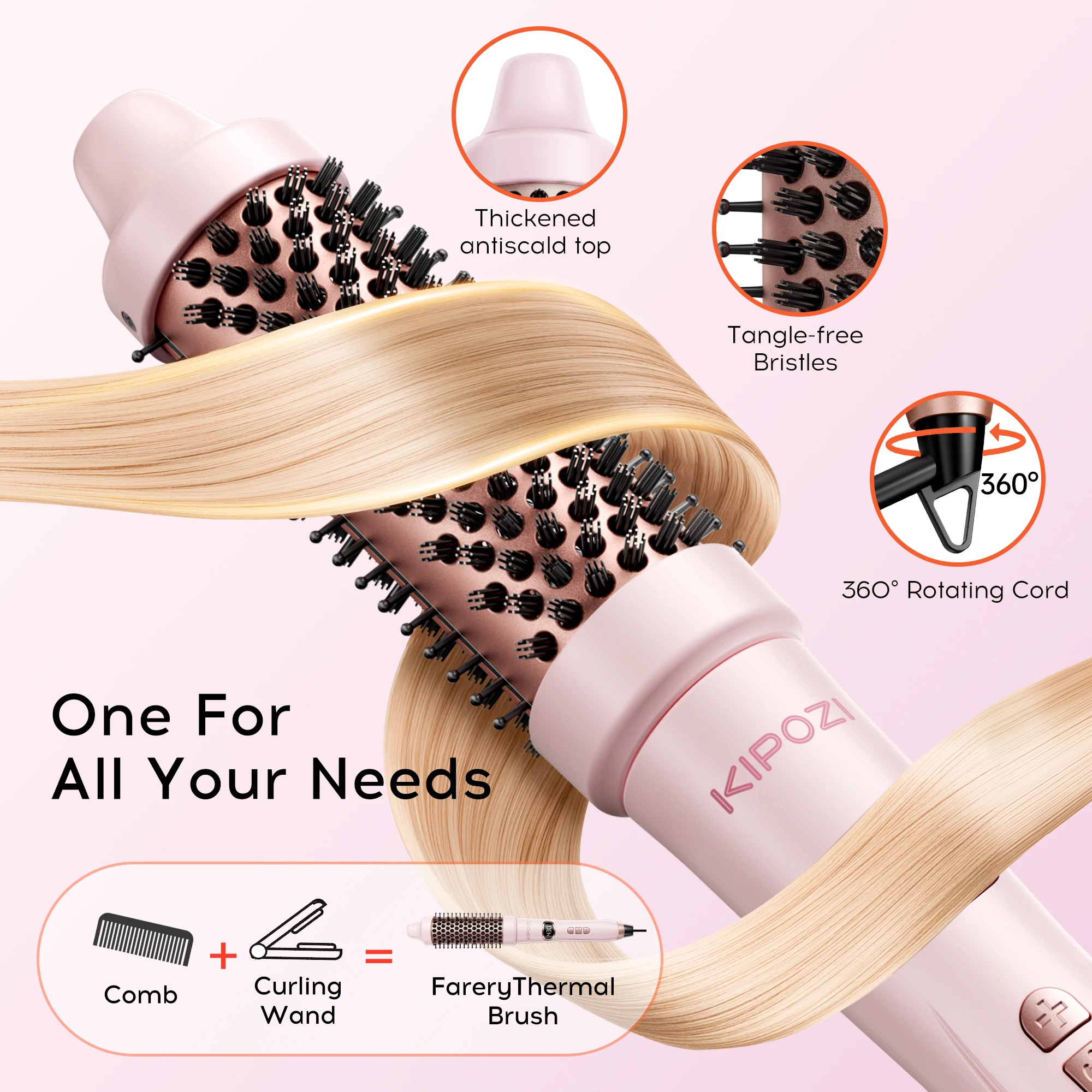 KIPOZI الوردي ساكورا التورمالين السيراميك مجفف الشعر 1.5 بوصة فرشاة مستديرة تفجير دفعة الجهد المزدوج 5 إعدادات درجة الحرارة أقل السد