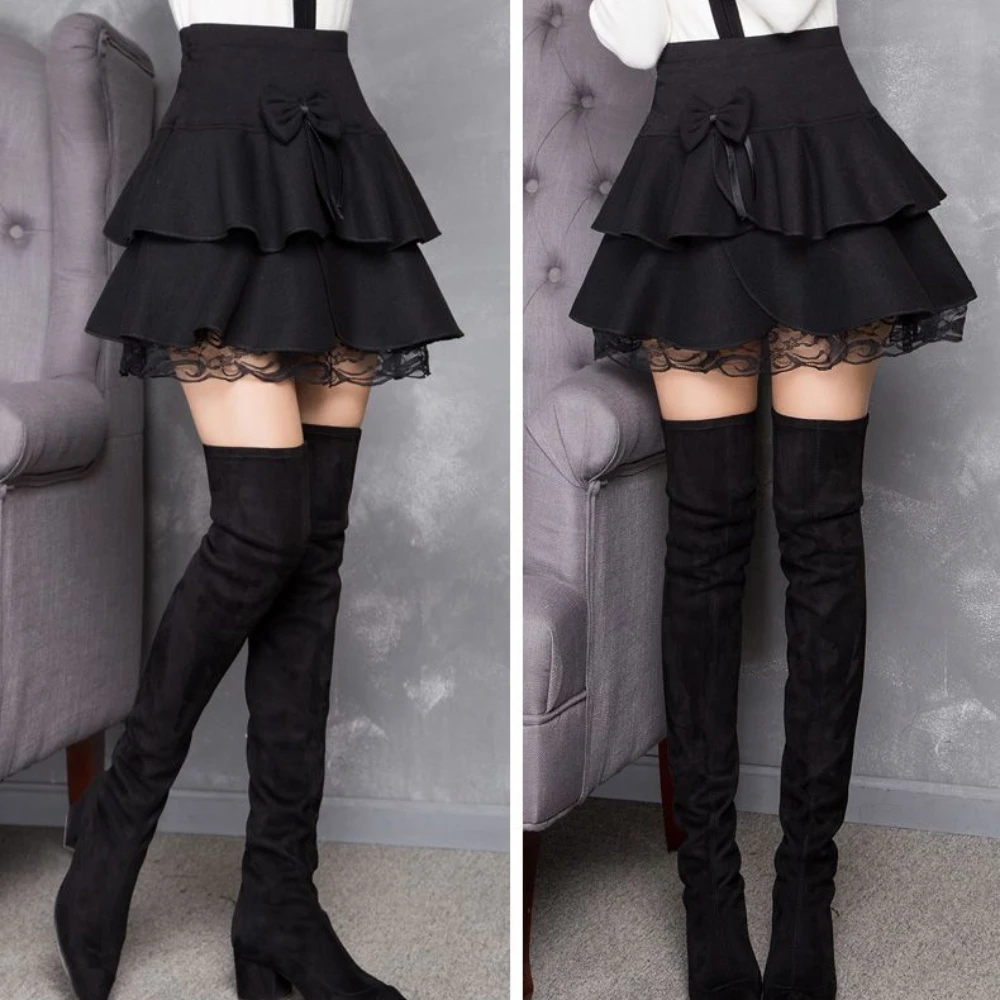 2025年 レディース ゴシックロリータ ティアードミニスカート - リボン付きレーストリム フレアスカート 秋冬用、甘くてエッジの効いたスタイル