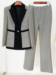 HIGH STREET 2024 Newest Designer Fashion Runway Suit Set Women's Slim Fit Color Block Sequined Blazer Pants Suit