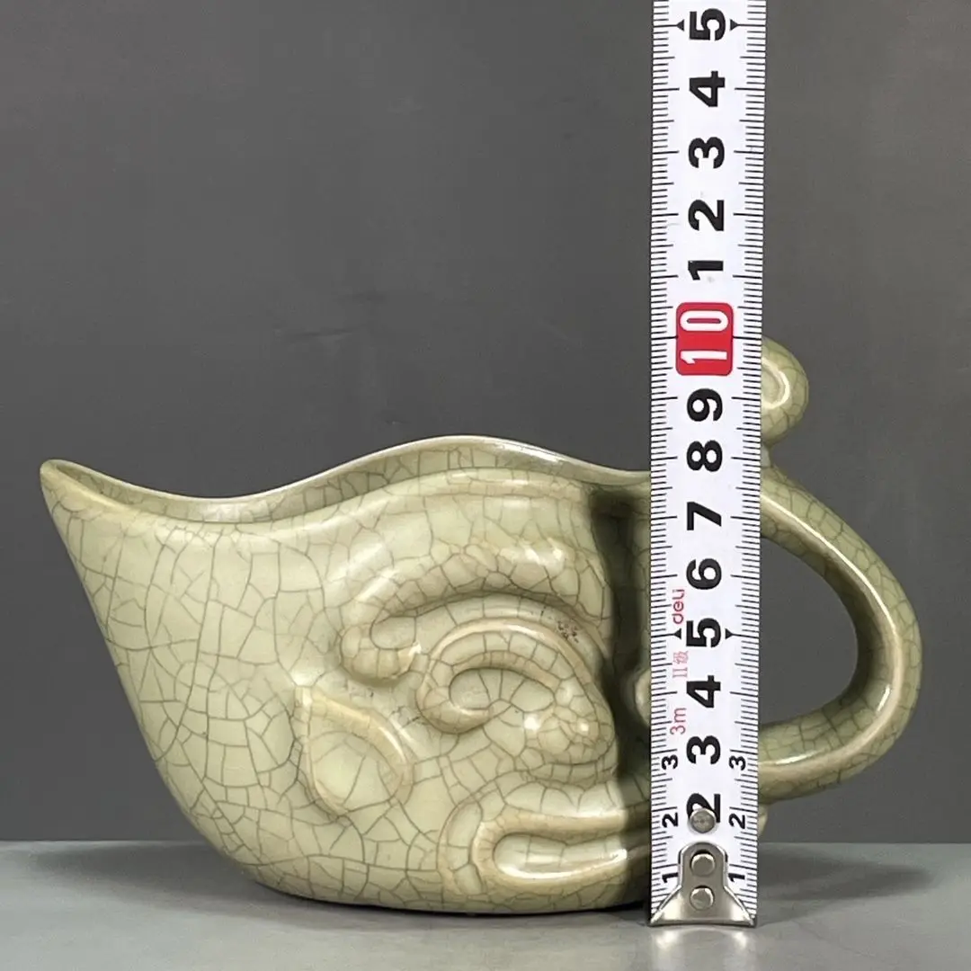 Ceramic Ornament, Song Dynasty Ru Kiln Porcelain Vessel with Gold & Iron Wire Crackle Glaze, Beast-Head Zun Vase & Duke Wine Cup