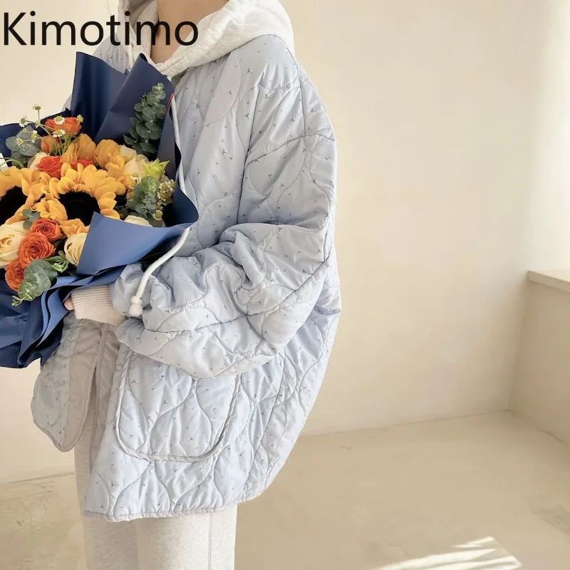 Kimotimo Floral Parkas Coat Women French Sweet Oversized Lantern Sleeve Qulited Jacket Autumn Winter Lazy Casual Tops Outerwear