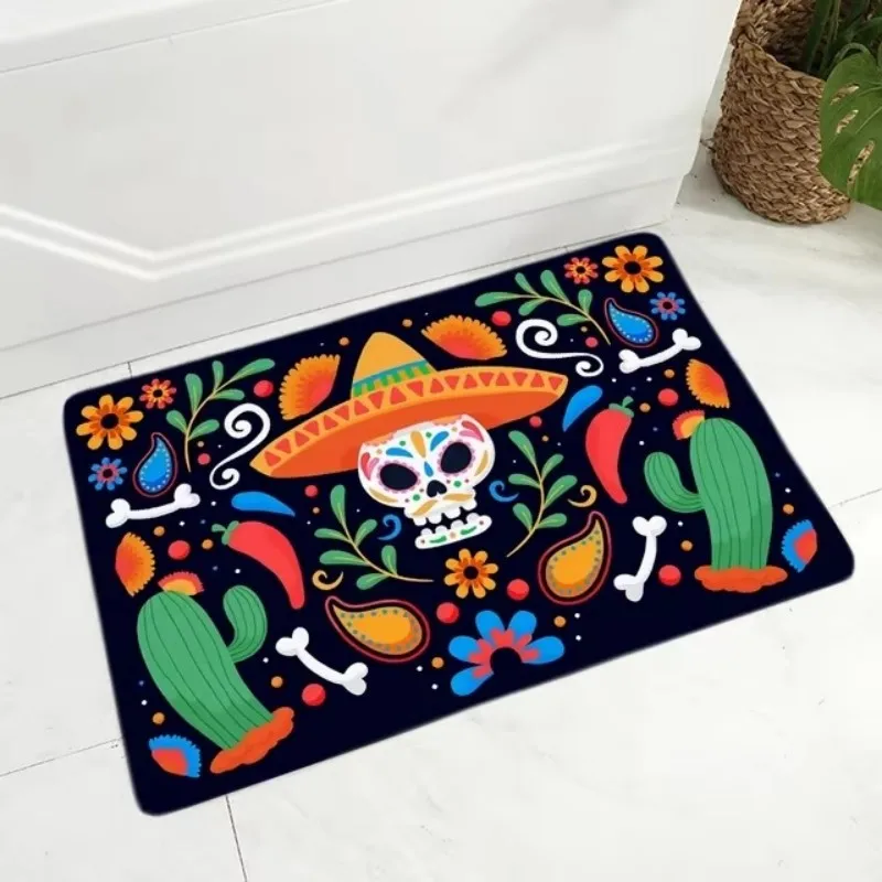VIKAMA Mexican Style Painted Doormat, Noise Reducible & Machine Washable Rug for Party Room Hallway, Home Decoration