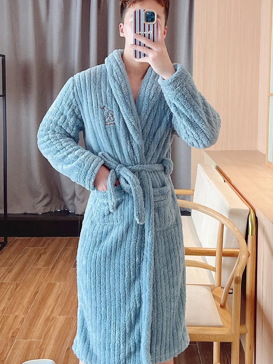 Men's Thickened Long Fur Robe Coral Velvet Winter Home Clothes Morning Gown Mid-Length Warm Bathrobe Luxury Polyester Fiber