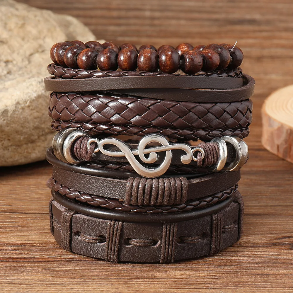 6pcs Trendy Fashion Woven Leather Men’s Bracelets Vintage Note Braided Leather Bracelets Gifts For Friend