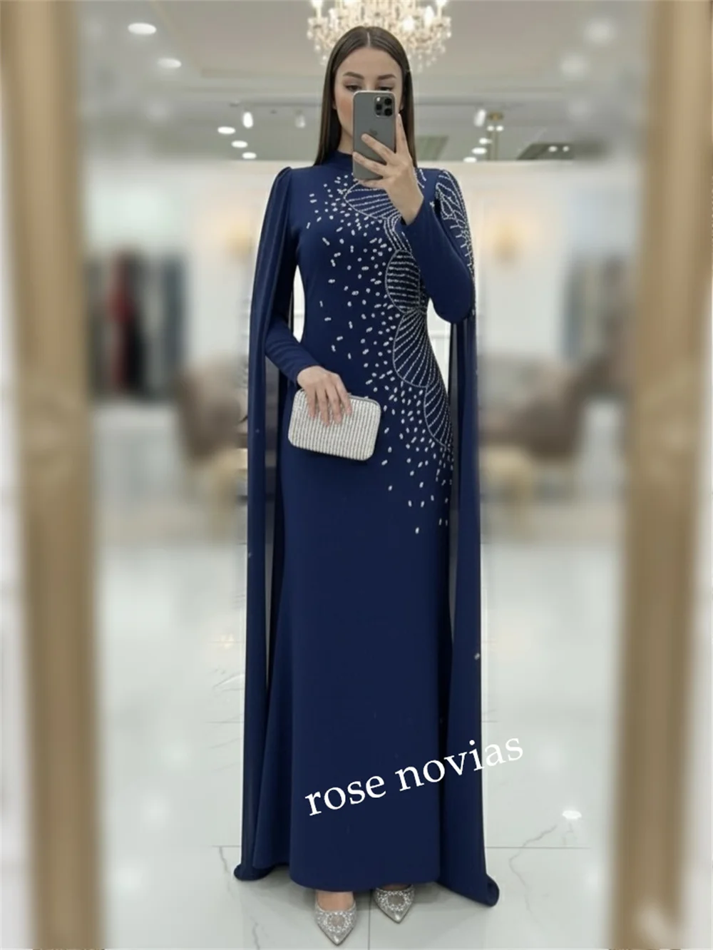 فستان سهرة نسائي كلاسيكي مخصص بنمط لامع وياقة عالية مستقيمة فساتين طويلة مناسبة مخصصة للحفلات الأنيقة #3