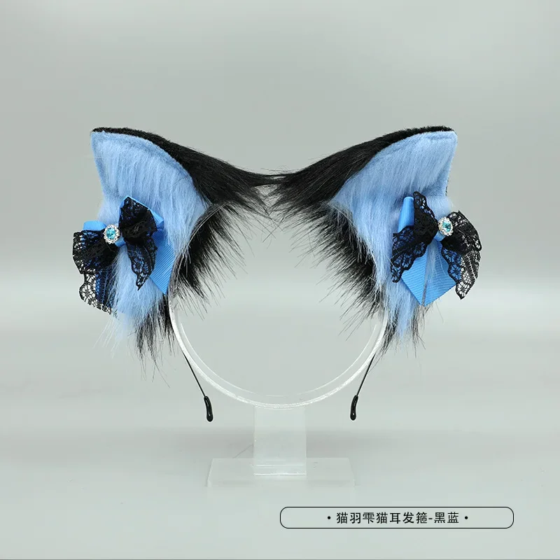 Faux Fur Cat Wolf Long Tail Ears fascia per capelli in peluche e fiocco collare in pizzo girocollo Set Animal Halloween Cosplay accessori per costumi Pro