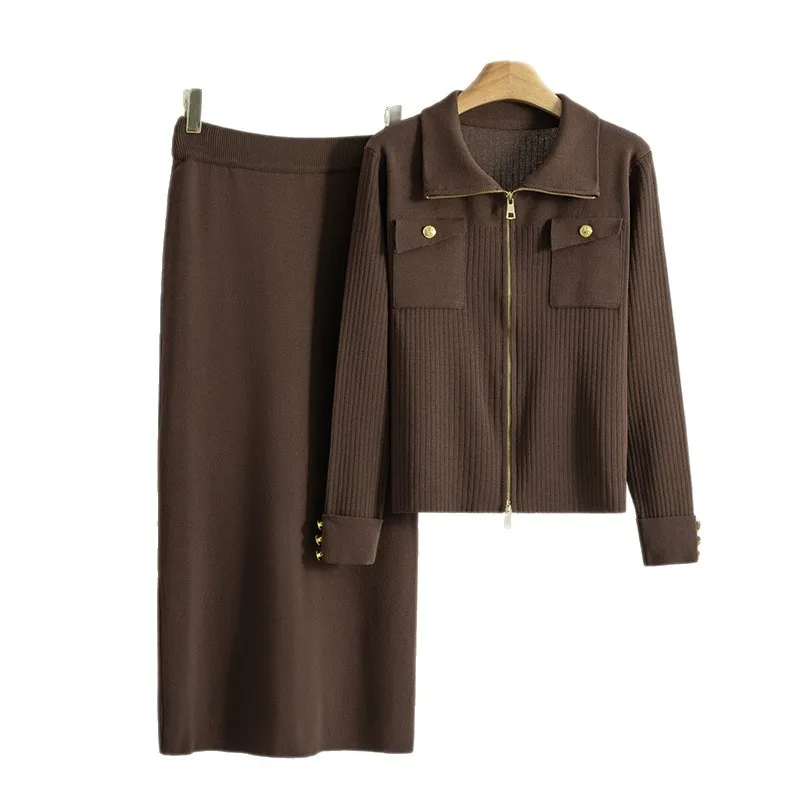 Women Dress Sets Polo Collar Solid Matching Sets Knitted Sweater Casual Basics Sheath Sexy Wrap Buttocks Two Pieces Spring image 5