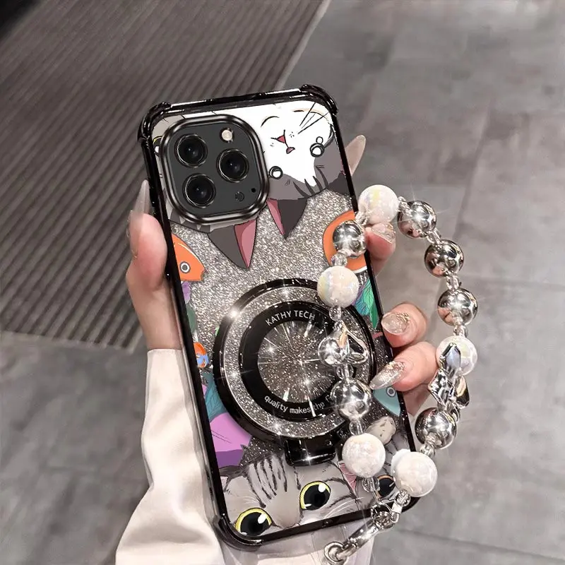 

16 Pro Happy Cat Plating Bracelet Holder Phone Case For iPhone 15ProMax 13Pro 14 16Plus 14Pro 15Pro 16 13 15 13Mini Cover