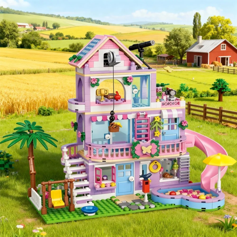 บล็อกตัวต่อบ้านพักตากอากาศริมชายหาดพร้อมสไลเดอร์น้ำ - บ้านในฝันแบบแปลงสภาพได้ ของเล่น DIY สำหรับเด็กผู้หญิง ของขวัญวันเกิดสุดสร้างสรรค์