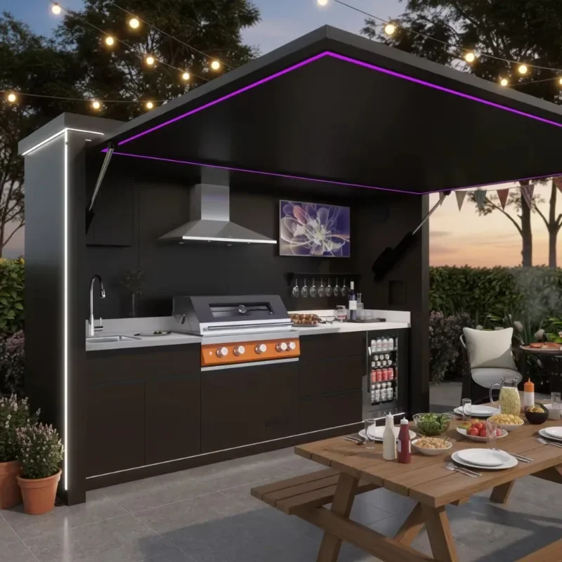 Luxurious Modern Fireproof Outdoor Kitchen Gas Grill Shed Modular Stainless Steel 304 Remote Control Electronic Ignition