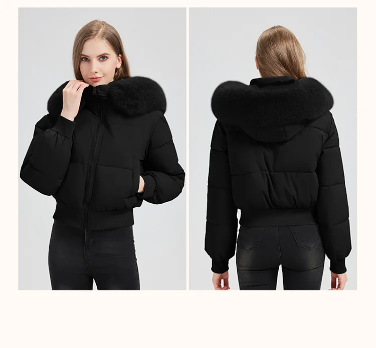 2026 Thicken Short Women's Winter Jacket Korean Style Down Cotton Coat Casual Warm Fur Hooded Cropped Parkas Chic Streetwear