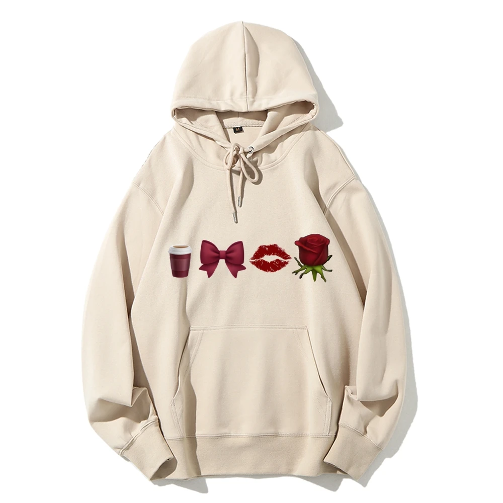 

Y2k Graphic Hoodie Coffee Bow Lips and Rose Print Stylish Romantic and Trendy Simple Style Soft Fabric for Chic Casual Looks
