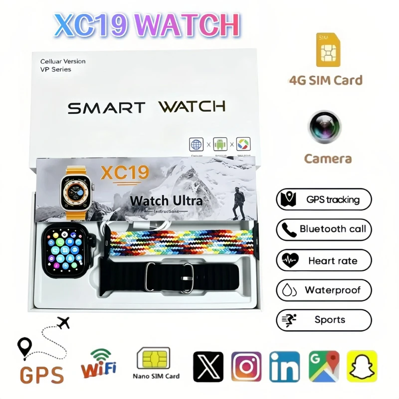 XC19 New Men's  Women's Smart Watch 5G LTE Android  Smart Watch With Rotating Camera GPS WIFI Compass Play Store Sim Card Slot