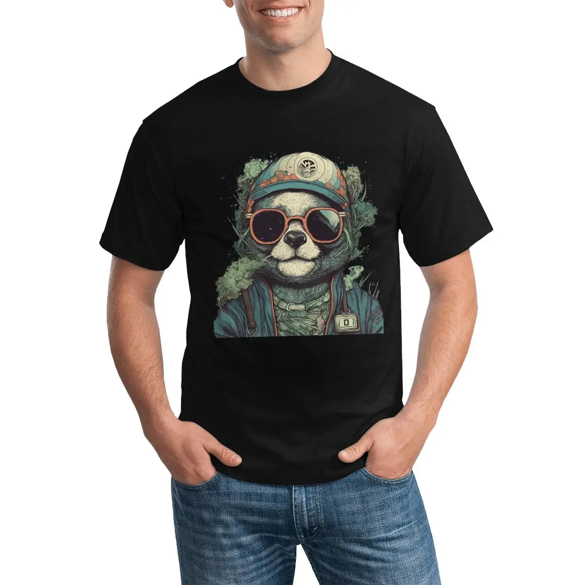 Panda T Shirt Illustration Pop Caricatures Cotton Cool T-Shirt Men Crewneck Classic Tops Male Print Beach Clothes