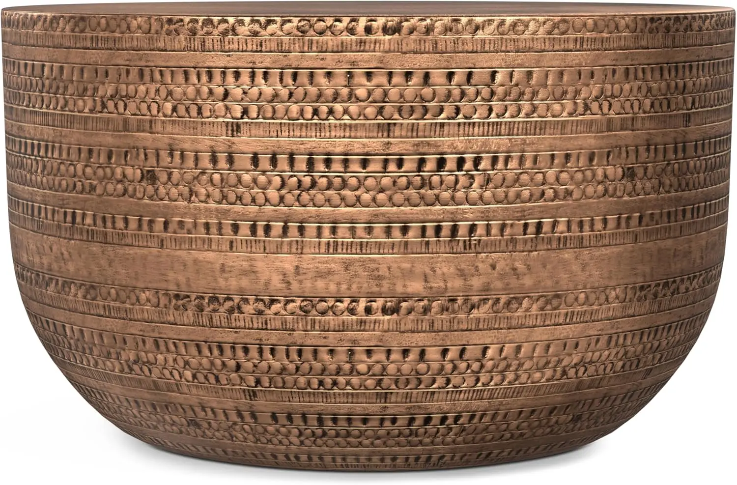 Johnsen 30-inch Wide Metal Drum Coffee Table in Antique Copper, Boho-Style Cocktail Table for Living Room or Family R