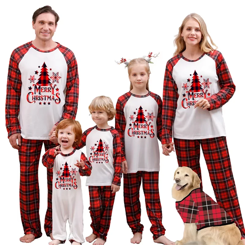 

Christmas Parent-child Home Clothes Holiday Clothes Plaid Stitching Printing Kids Family Christmas Pajamas Set