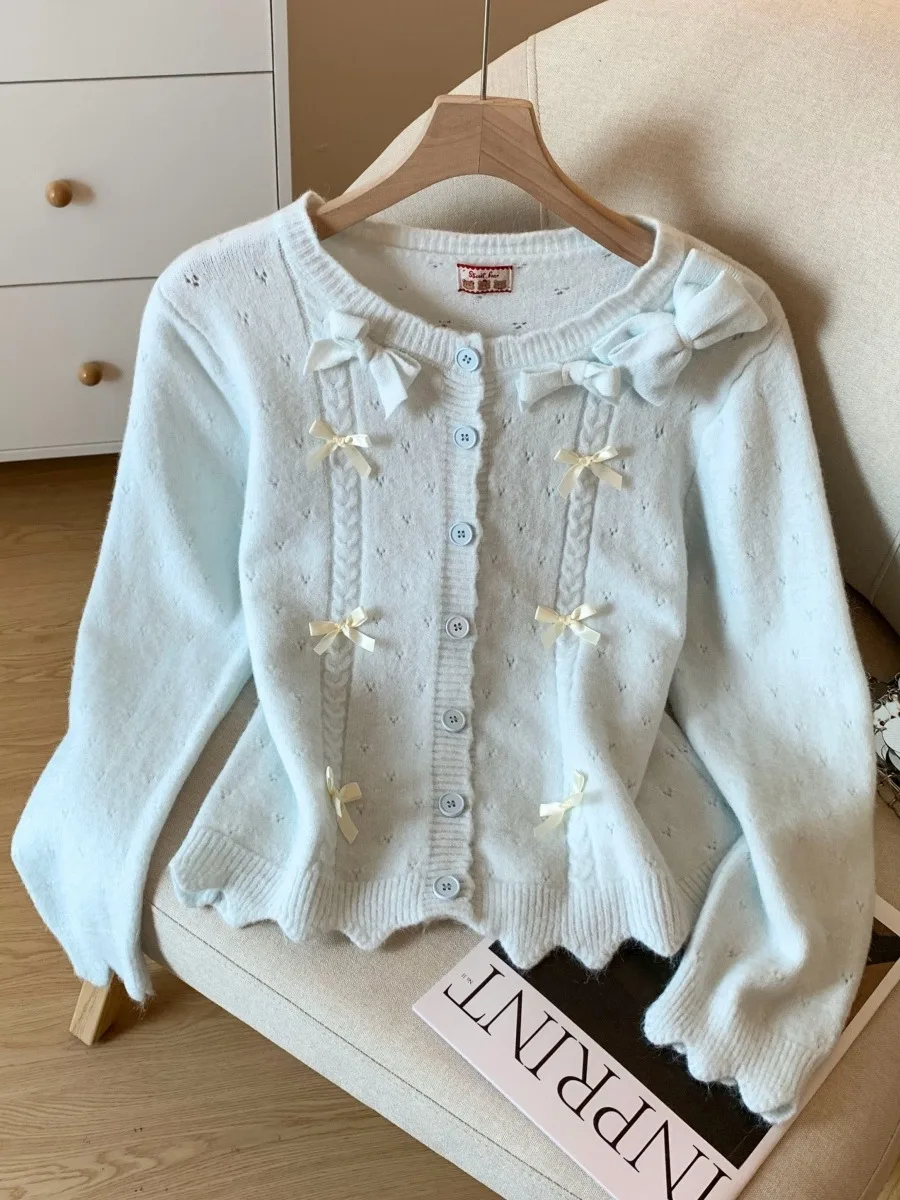 달콤한 슬레 블루 리본 매듭 스웨터 가디건 여성용 부드럽고 아늑한 니트 탑 가을 겨울 패셔너블 롱 스웨터 색상