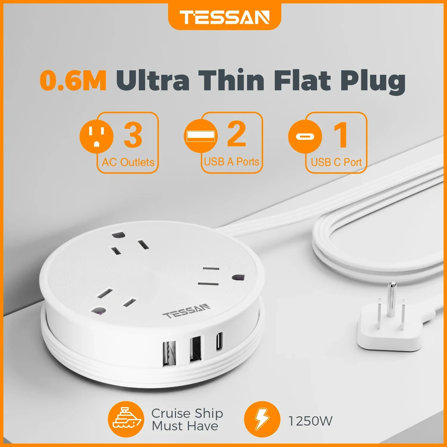 TESSAN Flat Plug US Power Strip 2ft Plug Retractable Extension Cable with 3 AC Outlets & 3 USB (1 USB C) Ports for Home Travel