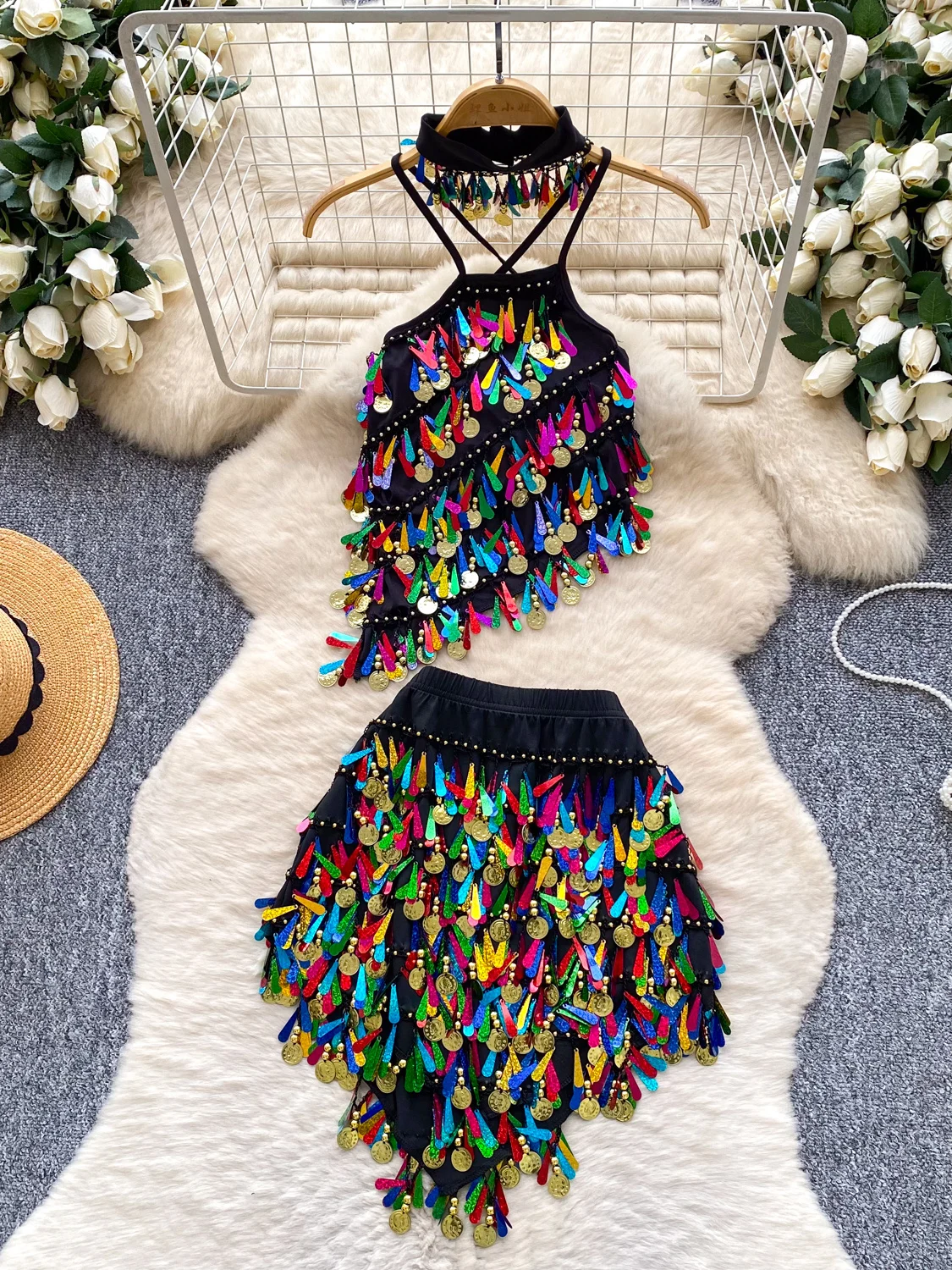 

Spring 2026 Women's Faion Slimming Sequin Tassel Two-Piece Set Summer Slimming Sli Ensemble High Waist Skirt Top