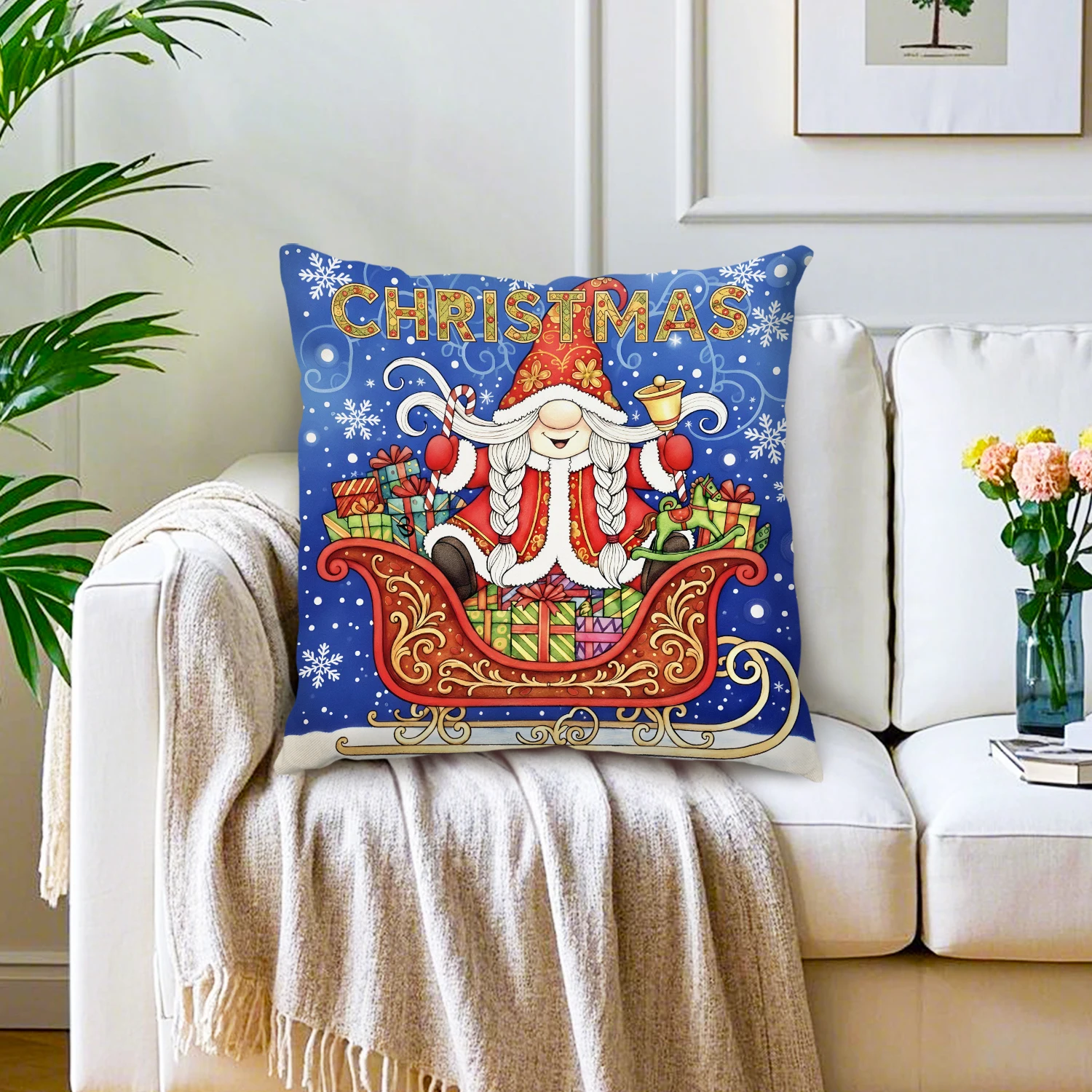 Christmas Gnomes Sleigh Throw Pillow Cover Linen Decorative Cushion Case Winter Holiday Farmhouse Home Decor Couch Living Room