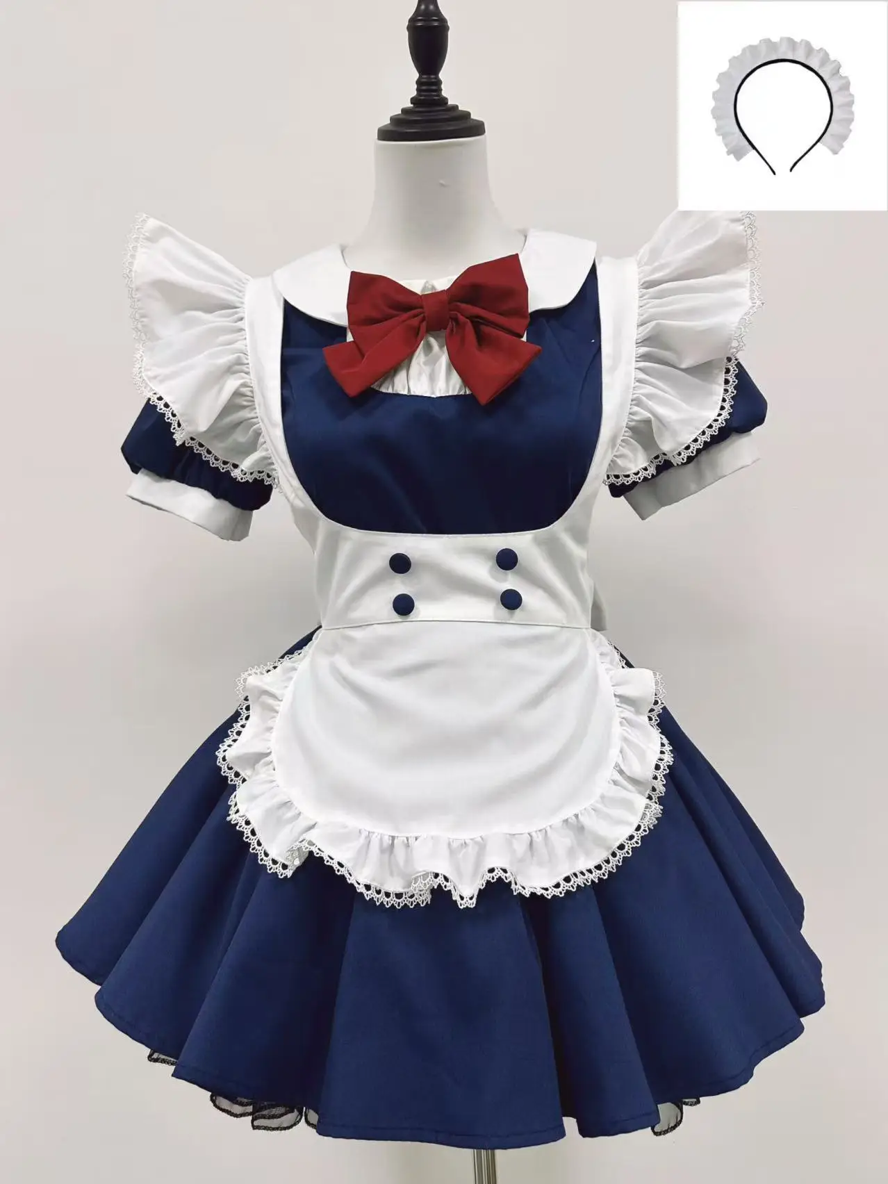 Anime-Style Dienstmädchen-Cosplay-Kostüm Süßes Lolita-Kleid mit Rüschenschürze und Stirnband