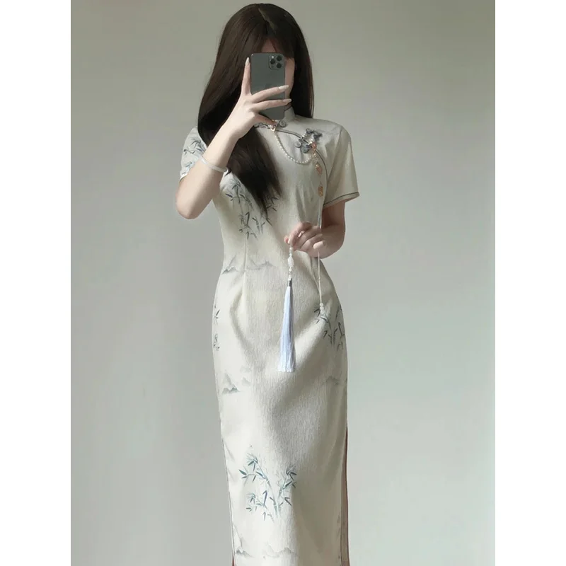 

Improved Dress Long Style Chinese Traditional Dress Gentle Cheongsams Retro Republic Style Dresses 2023 Summer New Young Girls'