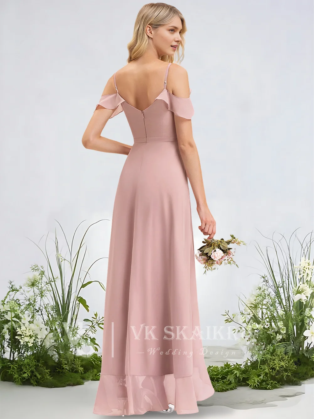 B Ethereal A-Linie Brautjungfernkleider, mattiertes Flieder, V-Ausschnitt, asymmetrisches Chiffon-Gartengala-Hochzeitskleid, kaskadierende Rüschen