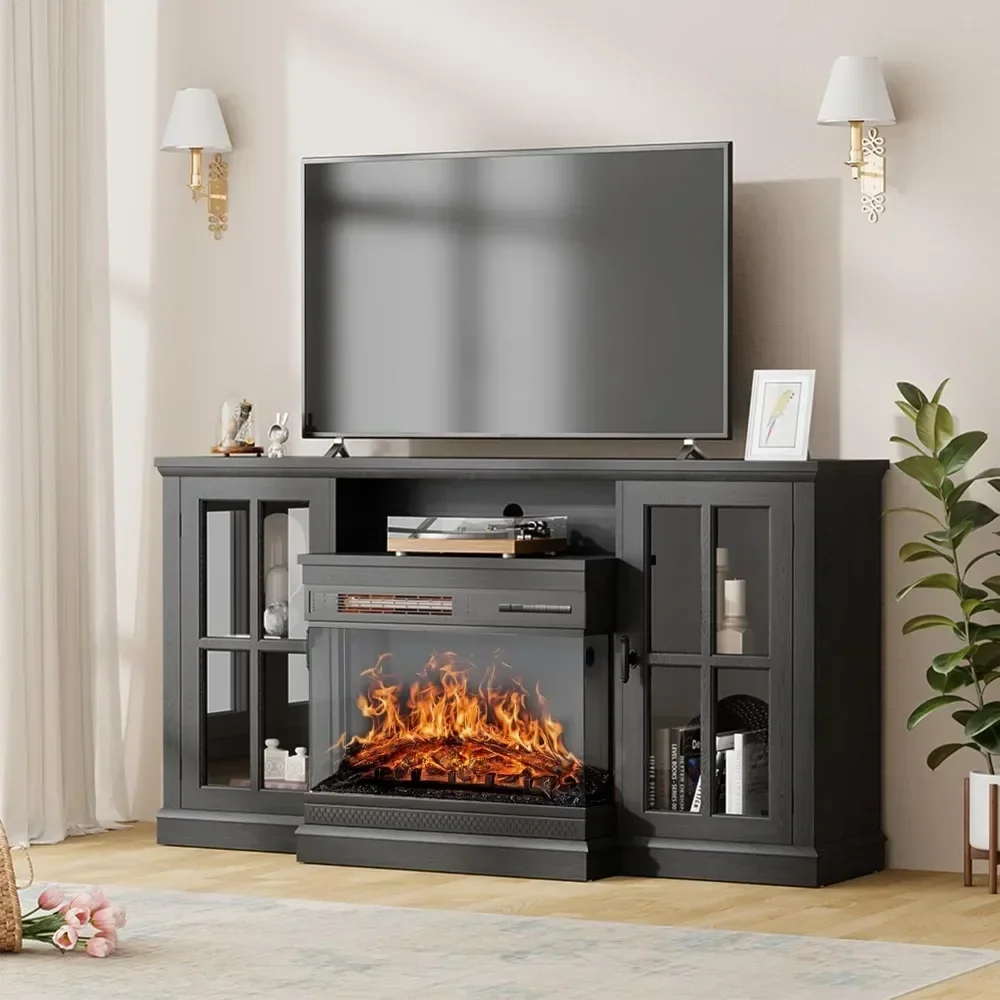 Electric Fireplace TV Stand for TVs up to 65’’, Farmhouse Media Entertainment Center with 3-Sided Glass Fireplace