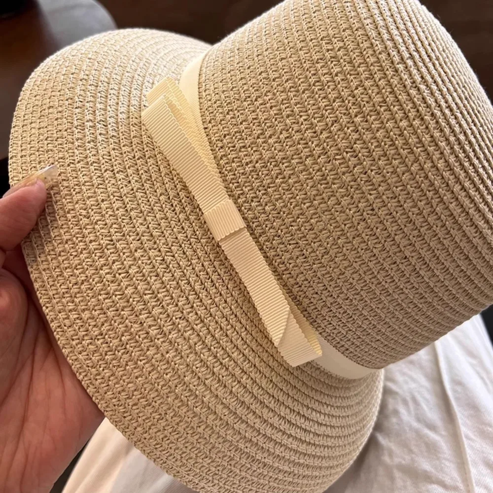 

New French Bow Straw Cap Beach Vacation Bucket Sun Hat Big Brimmed Summer Weaving Cap Outdoor