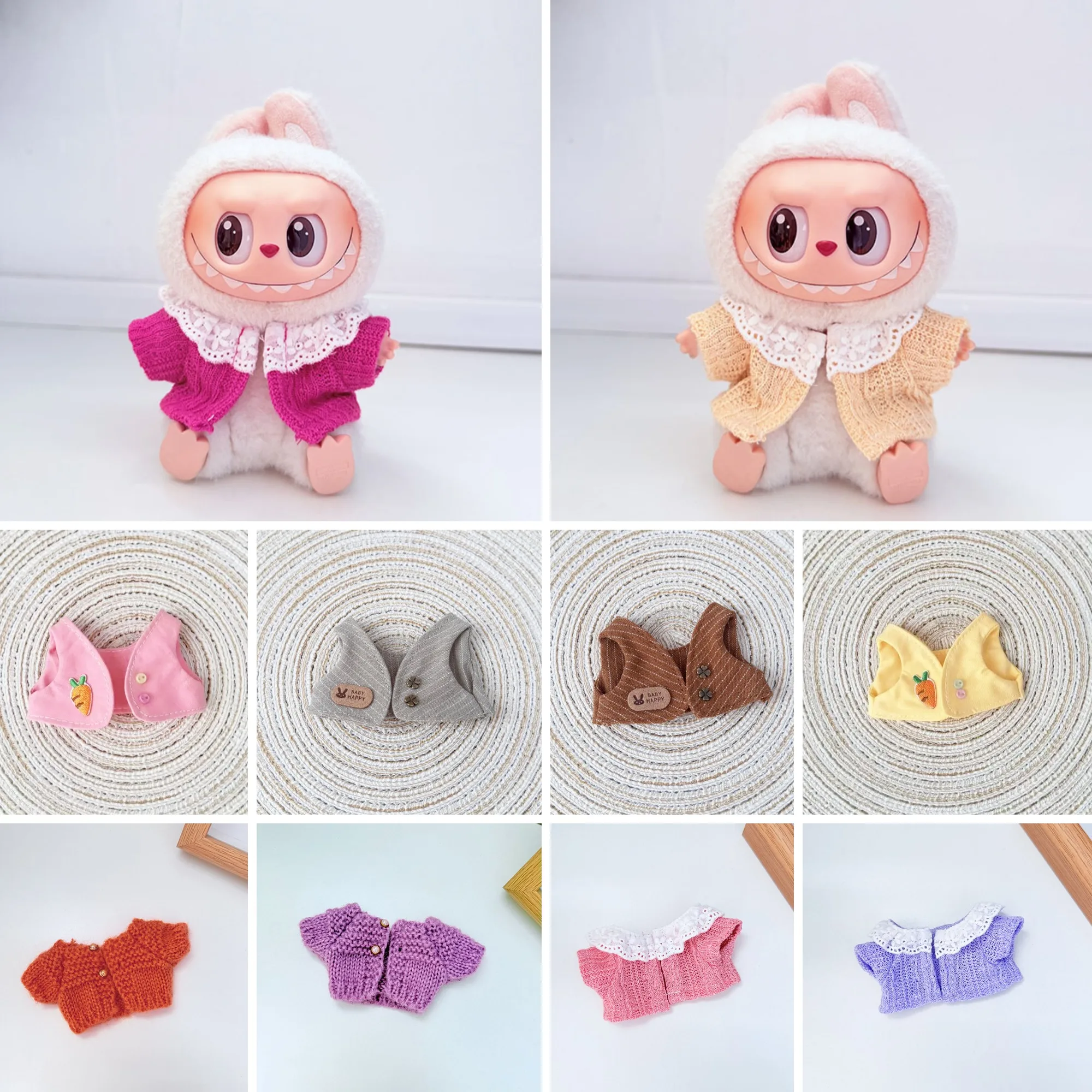 

15/17cm Cute Labubu 1st 2nd 3rd Gen Dolls Multicolor Fresh Cardigan Vests Knit Cardigans Lace Bow Carrot Vests For Outing Dress