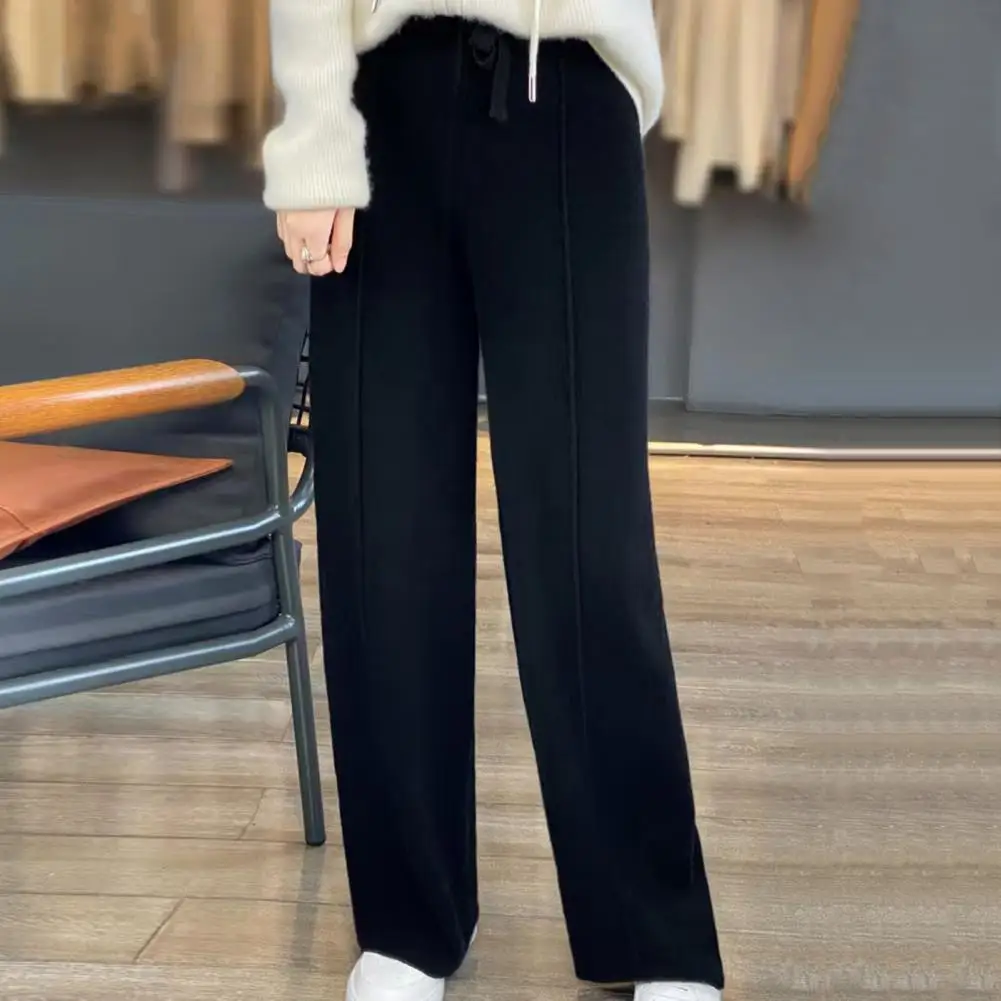 Solid Color Wide-leg Trousers Cozy Wool Knit Wide Leg Pants with Drawstring High Waist Solid Color Trousers for Women for Winter