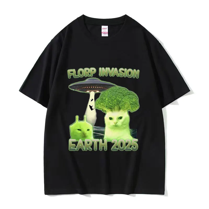 Футболки Florp Invasion Funny Alien Brainrot Cat Meme 2025 для мужчин и женщин в стиле ретро, модная хлопковая футболка большого размера, летняя