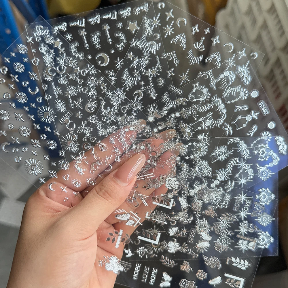 6 unids/set 3D oro plata Cruz estrella Luna pegatina de uñas corazón brillante mariposa flor bohemio pegatina de uñas autoadhesiva manicura Dec