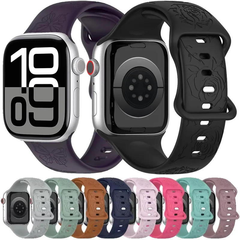 Silikonarmband für Apple Watch Serie 10, 9, 8, 7, 45 mm, 41 mm, 44 mm, 46 mm, 42 mm, Ultra 2/1 49 mm, graviertes Musterarmband, iWatch 6 5 4 SE