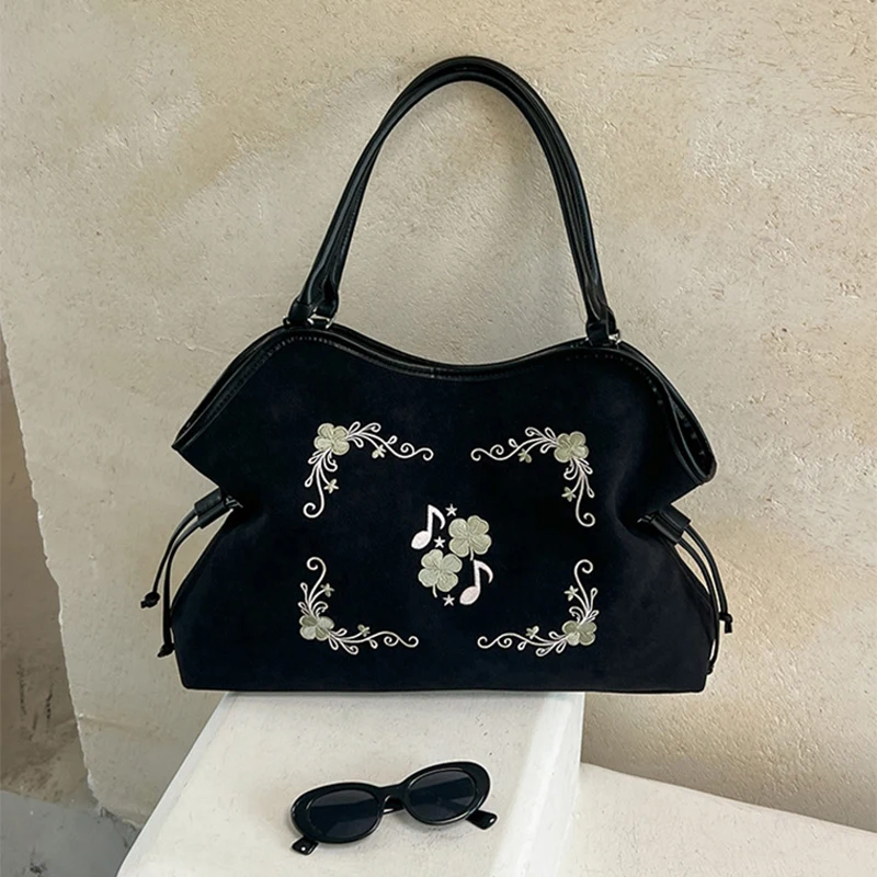 Koreanische Umhängetasche mit Kordelzug, ethnische Blumen- und Musiknoten-Stickerei, große Handtasche für Damen, Vintage-Handtasche für den Winter. – Detail 21