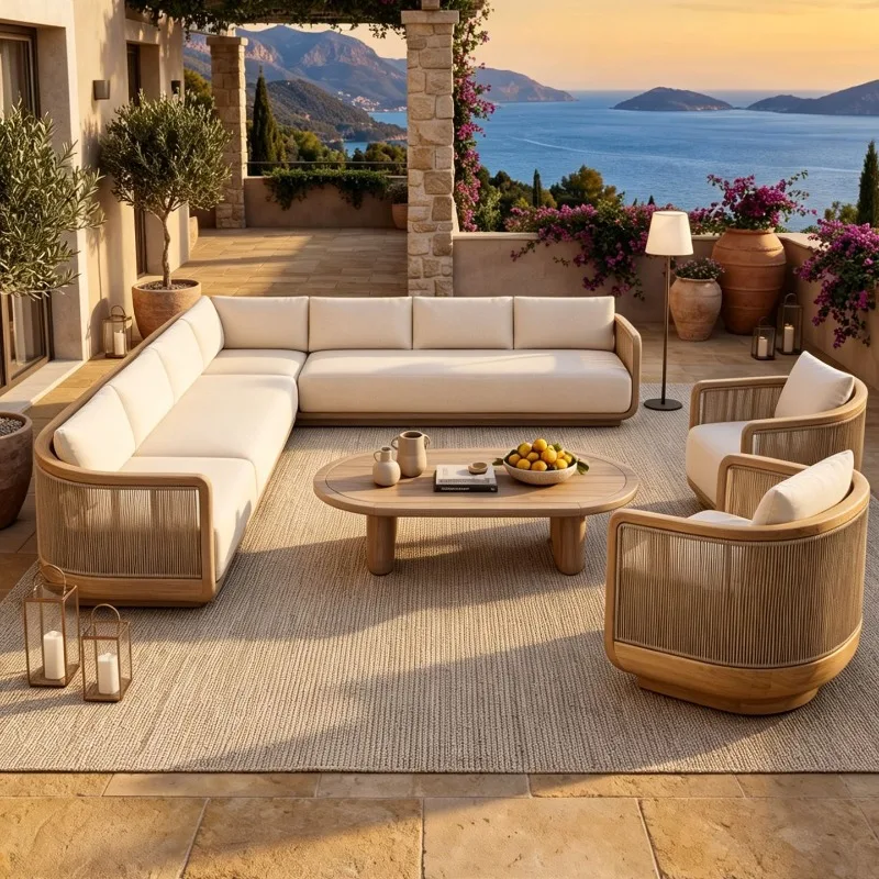 Outdoor sofa, courtyard villa garden solid wood waterproof and sun protection hotel outdoor terrace teak leisure furniture