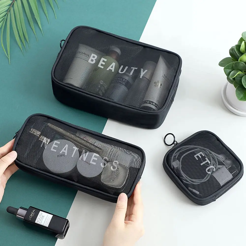 

Black Portable Travel Organizer Handbags Mesh Package Zipper Storage Bags Bathing Bags Cosmetic Pouch Makeup Bags