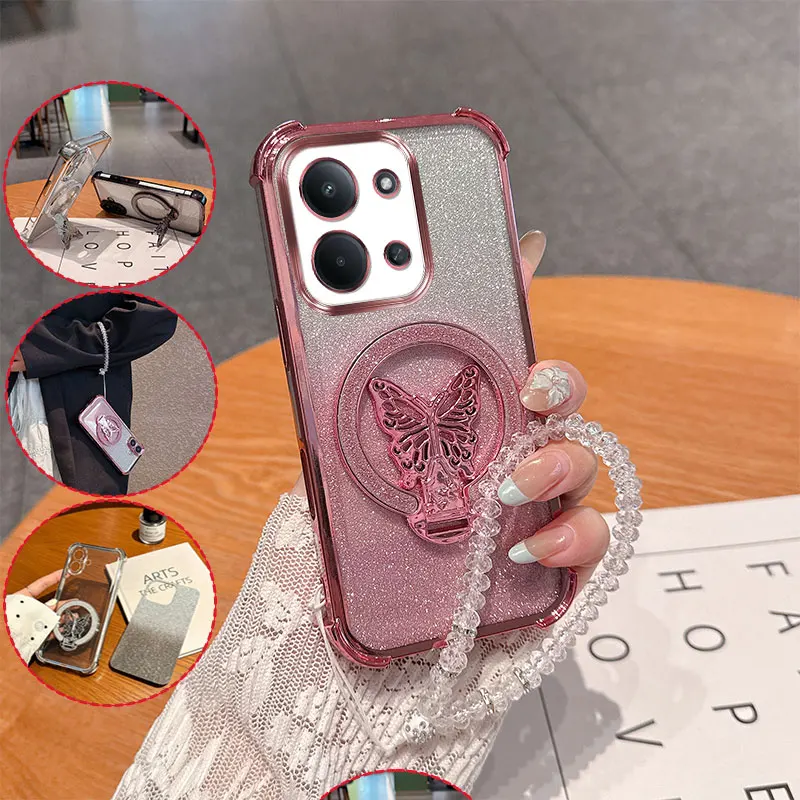 Stoßfeste Anti-Drop-Handyhülle für Redmi 15C 171mm 173mm Poco C85 15R Glitzer-Schmetterlingsständer mit Kristall-Lanyard-Rückseite