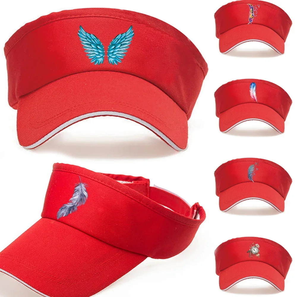 

Women Running Empty Top Hat Outdoor Sport Long Brim Ponytail Printing Feather Series for Red Color Baseball Cap