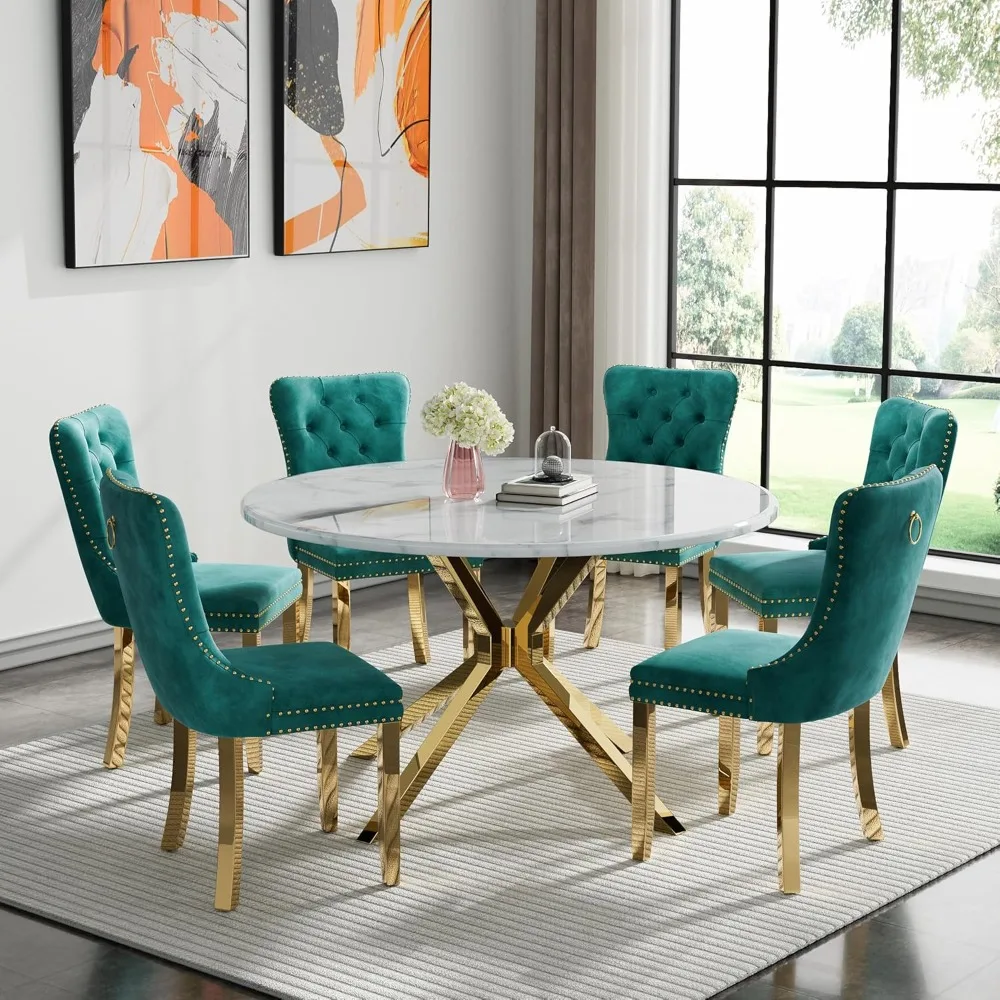 Modern 7-piece Round Marble Dining Table Set, Suitable for A 47 Inch Round Dining Table with 6 Plush Chairs