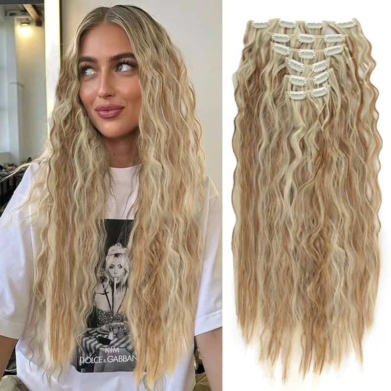 

6 шт., заколки для наращивания синтетических волос, шиньоны, 24-дюймовые длинные вьющиеся волосы с волнами воды и 16 зажимами для женщин, термостойкое волокно