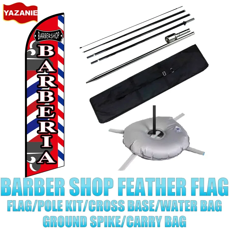 Komplettes Set Friseurladen-Flaggenbanner mit Stangen-Set, Erdspieß, Kreuzbasis, 2,4 m, 11 ft, 13