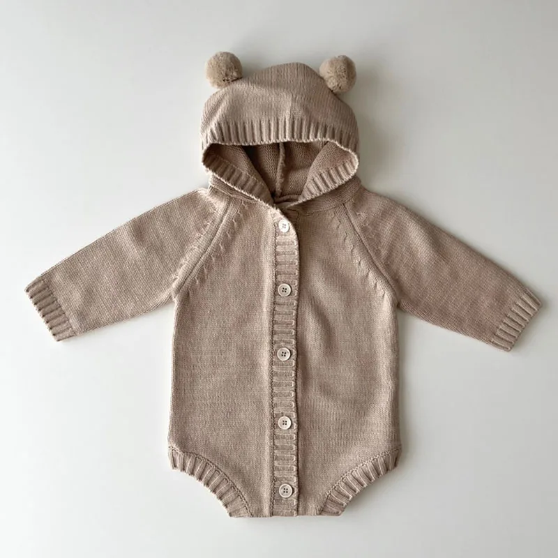 Autumn Winter Children Knitted Clothes Korean Style Climbing Suit Solid Color Knitting Hooded Toddler Baby Boys Girl Romper